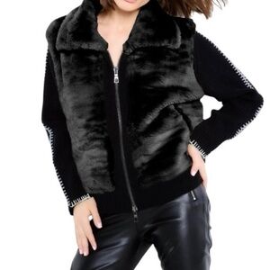 Lisa Todd Faux Fine Fur & Ribbed Wool Zip Front Sweater Jacket, Size S